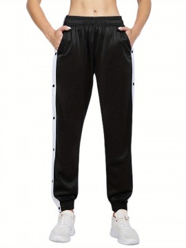 Women's High-Waist Joggers with Side Split - Casual Color Block, Buttoned Detail, Polyester, All-Season Fitness Pants