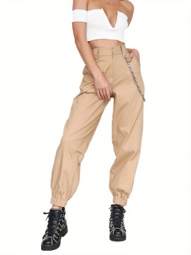 1pc Women'S High Waist Cargo Pants, Solid Color Casual Trousers with Chain Side Pockets, Elastic Ankle Joggers