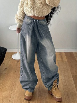1pc Women'S High Waist Wide-Leg Faux Denim, Casual Style Solid Color Long Pants, Polyester Knit Fabric with Button Detail, All-Season Loose Fit Faux Denim Trousers