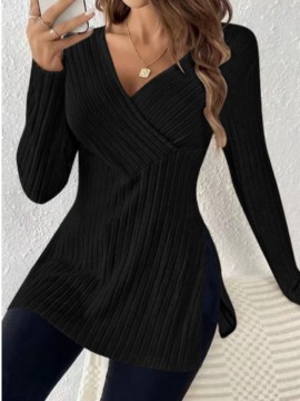 Elegant V-Neck Ribbed Knit Top for Women - Long Sleeve, Solid Color with Side Slit, Machine Washable - Perfect for Fall/Winter