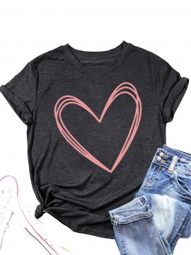 Valentine's Day Special: Casual Short-Sleeve T-Shirt for Couples - Breathable Rayon Blend, Machine Washable, Crew Neck with Geometric Heart Design