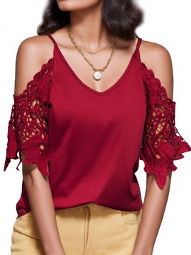 Plus Size Women'S V-Neck Lace Off-Shoulder Short-Sleeved T-Shirt