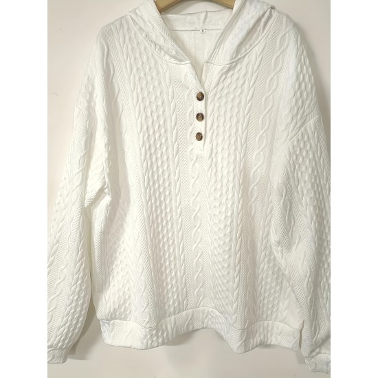 Plus Size Cozy Sweatshirt - Ultra-Comfortable Long Sleeve Henley Hooded Design with Premium Solid Jacquard Fabric - Designed for Womens Plus Sizes